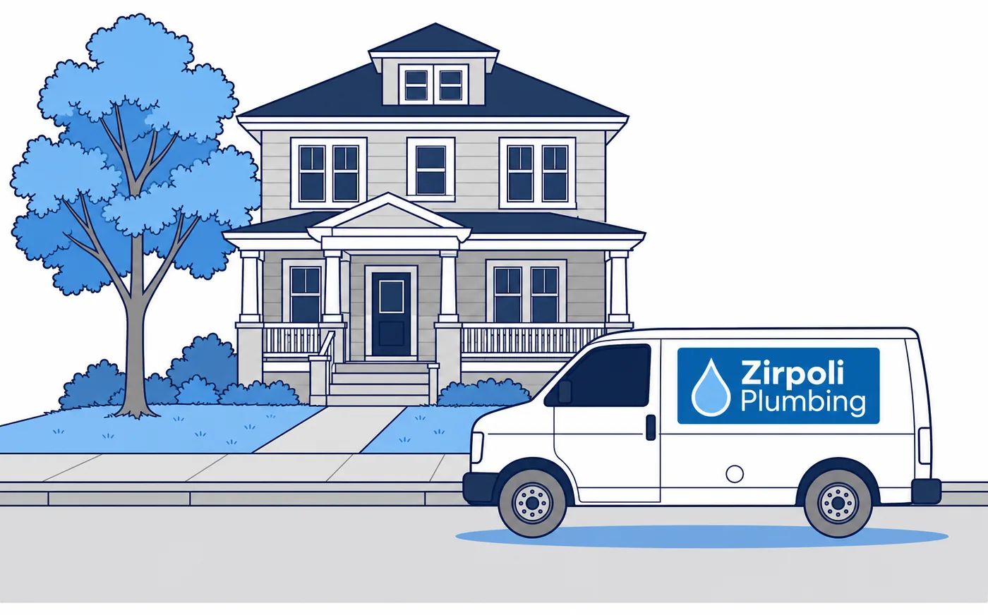 Illustration of the Zirpoli Plumbing van parked in front of a two-story South Buffalo house